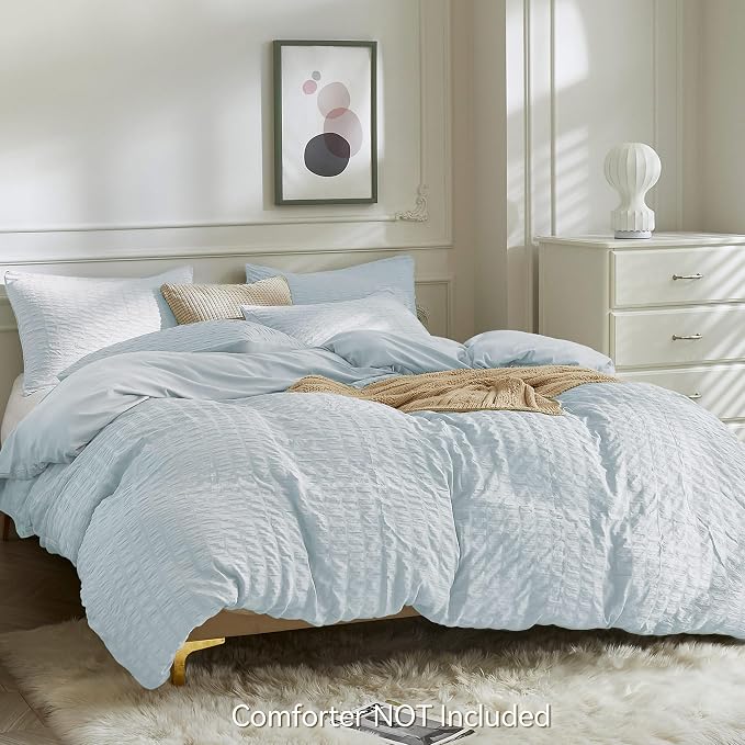 JELLYMONI Baby Blue Duvet Cover Queen Size, Soft Breathable Seersucker Duvet - Image 3