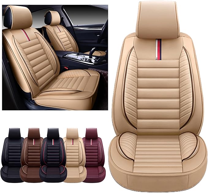 OASIS AUTO Car Seat Covers Premium Waterproof Faux Leather Cushion Universal Accessories Fit SUV Truck Sedan Automotive Vehicle Auto Interior Protector Front Pair (OS-001 Tan)