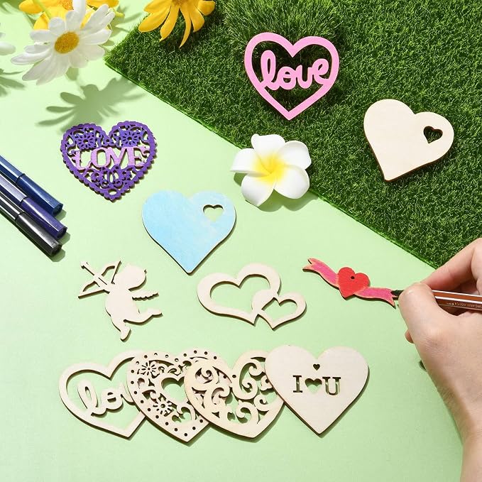 45 pcs Mixed Styles Heart Theme Unfinished Wood Cutout Charms Love Sweet Wood - Image 4