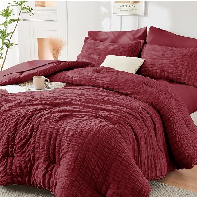 HYMOKEGE Burgundy King Size Comforter Set Seersucker 7 Pieces, All Season by HYMOKEGE