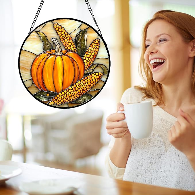 DASTOLL Stained Glass Window Hanging Autumn Harvest Pumpkin Corn Large 15" - Image 4