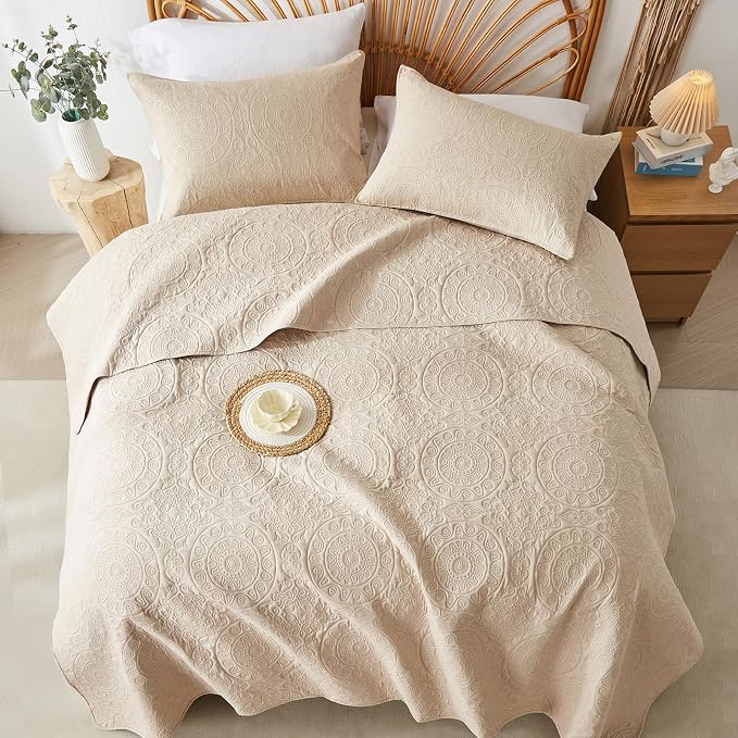 WURUIBO Beige Quilt Set Twin Size, Embossing Microfiber Bedspreads - Image 8