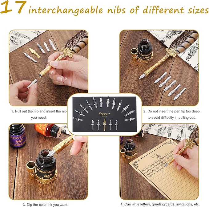 NC Quill Pen Ink Set, includes quill pen, wooden And glass dip pen, 6 bottles - Image 4