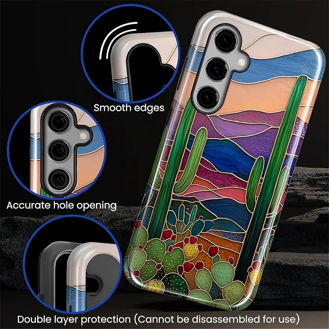 for Samsung Galaxy S24 Case, Stained Glass Cactus Pattern Glossy 2 in 1 - Image 5