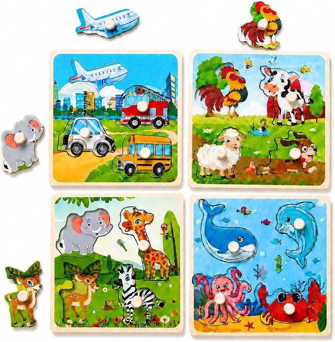 Wooden Peg Puzzle Set for Toddlers, 4 Pack Animal Vehicle Ocean Farm Puzzles by SloticDirect