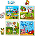 Wooden Peg Puzzle Set for Toddlers, 4 Pack Animal Vehicle Ocean Farm Puzzles by SloticDirect