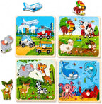 Wooden Peg Puzzle Set for Toddlers, 4 Pack Animal Vehicle Ocean Farm Puzzles by SloticDirect