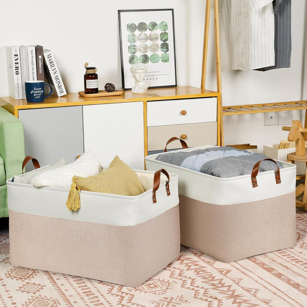 DULLEMELO Extra Large Baskets for Organizing, 22" X 15" X 13" Rectangle Fabric Storage Bins, Foldable Blanket Basket Living Room, Large Kids Toy Storage Organizer Bins, Baby Basket Gift (White&Khaki)