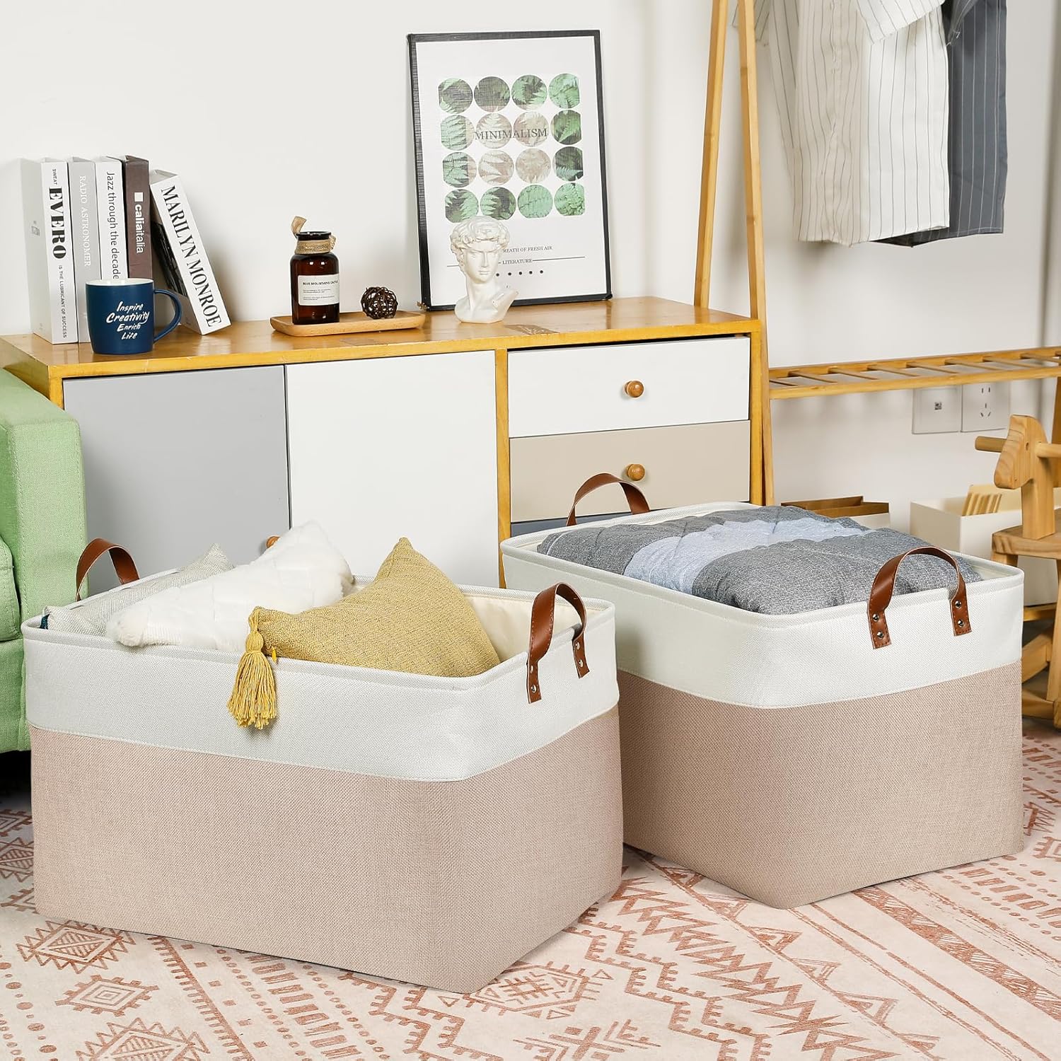 DULLEMELO Extra Large Baskets for Organizing, 22" X 15" X 13" Rectangle Fabric Storage Bins, Foldable Blanket Basket Living Room, Large Kids Toy Storage Organizer Bins, Baby Basket Gift (White&Khaki)