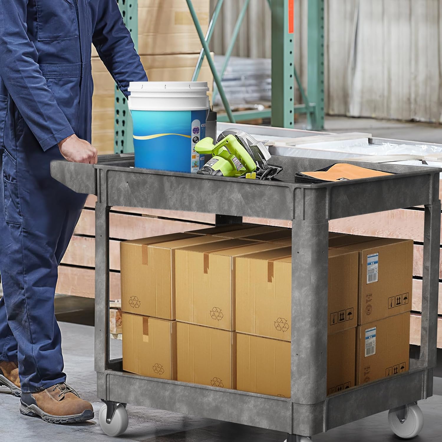 Heavy Duty Rolling Utility Cart with Wheels 2-Tier Utility Plastic Service Work Cart for Shop, Garage, Warehouse, Maintenance 550 lbs