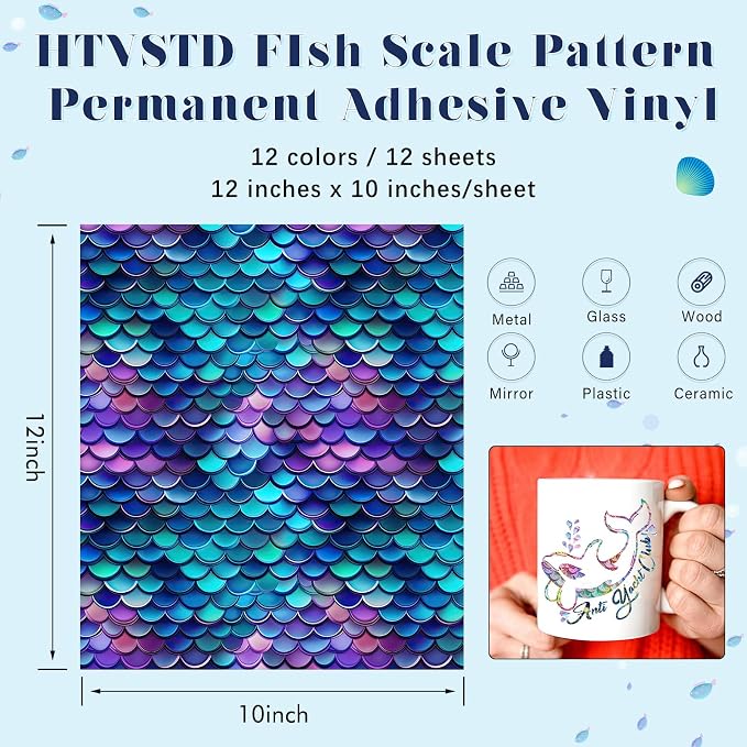 Fish Scale Patterned Permanent Adhesive Vinyl 12 Sheets 12'' x 10'' | Mermaid - Image 2