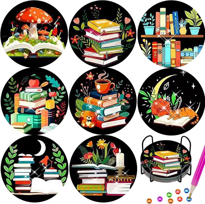 TDOOW Diamond Art Coasters 8 Pcs Colorful Book Diamond Painting Coasters Kit by TDOOW