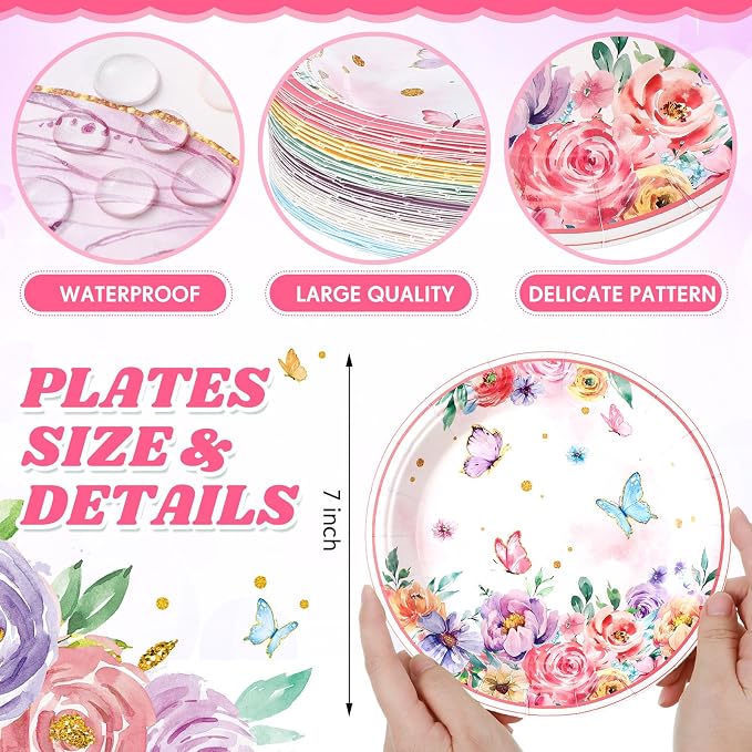 Funnymoom 60 Pcs 7 Inch Butterfly Birthday Party Plates Floral Paper Plates - Image 2