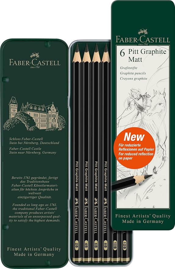 Faber-Castell Pitt Graphite Matte Pencil Set, Metal Tin of 6 Graphite Pencils by Faber-Castell