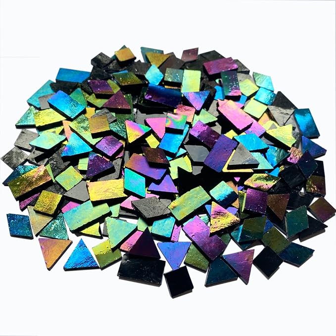 Iridescent Black Glass Mosaic Tiles, 280 Pieces Mixed 4 Shapes Stained Glass by KALUCION