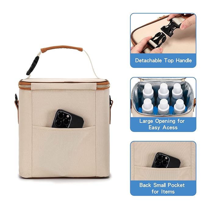 Breastmilk Cooler Bag with Ice Pack Fits 6 Baby Bottles Up to 9 Ounce, Baby Bottle Bag with Shoulder Strap for Nursing Mom Daycare, Cream