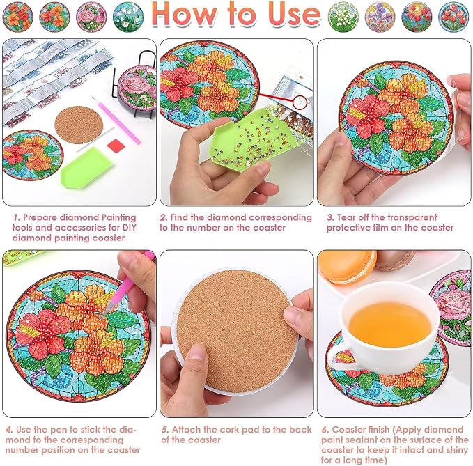 ijbnhd 8 PCS Flowers Diamond Art Coasters | Diamond Painting Coasters Kits - Image 6