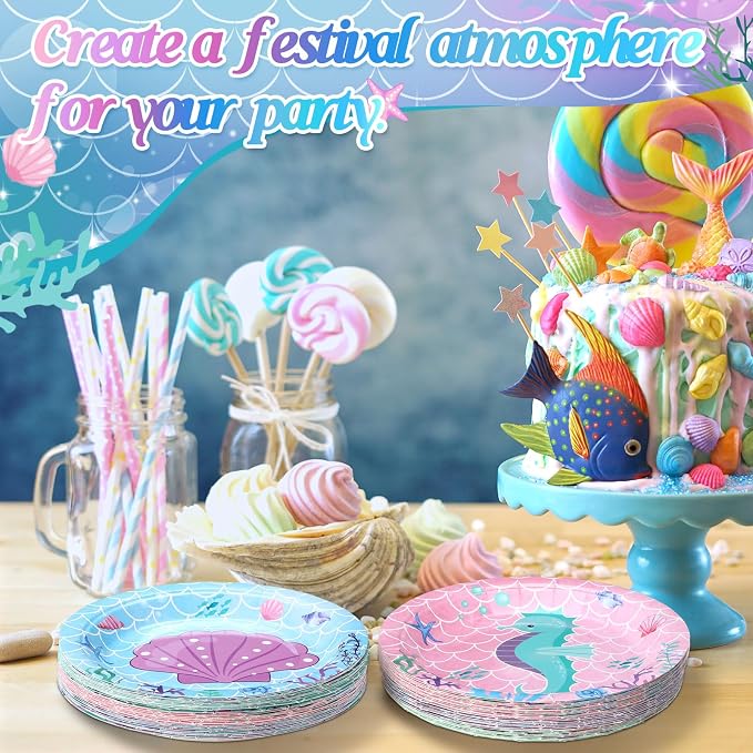 Funnymoom 60 Pcs Mermaid Birthday Party Decor 7 Inch Mermaids Dessert Paper - Image 5