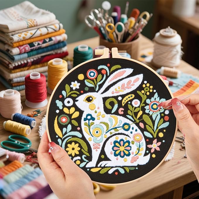 Crafmanoe Embroidery Kits for Beginners Adults, Flowers Rabbit Embroidery - Image 2