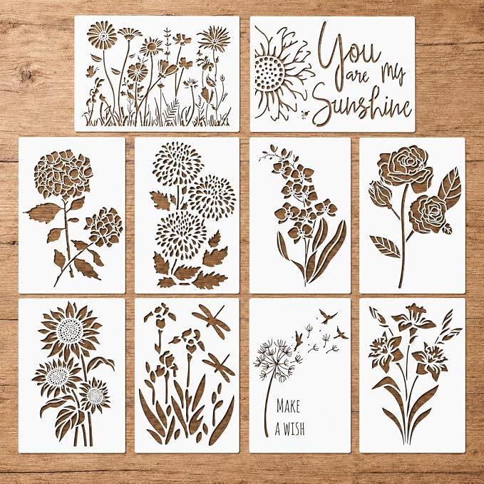 Large Flower Stencils for Painting on Wood, Canvas & Fences -10 Pc Floral by DLYLIFESTYLESTENCILS