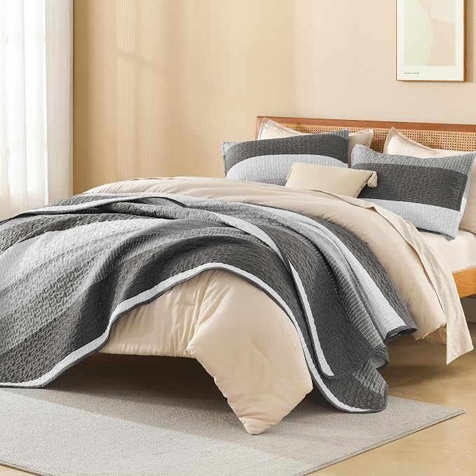 Litanika Quilt Queen Size Dark Grey, Stripe Patchwork Summer Bedspread Coverlet - Image 4