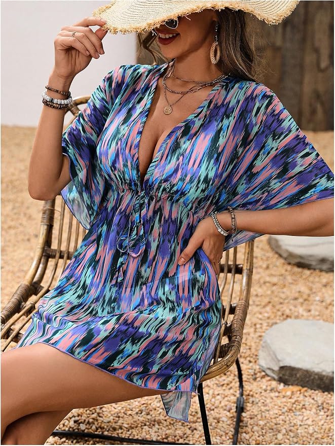 WDIRARA Women's Tie Dye Sheer Boho Chiffon Cover Up Tie Waist Beach Dress Deep - Image 5