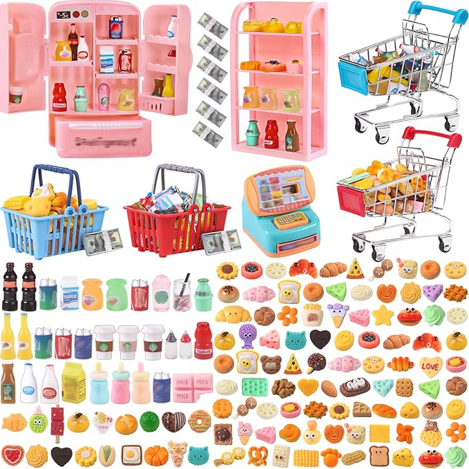 DULEFUN 143pcs Mini Shopping Cart Basket Miniature Food Drink Bottle Toys by DULEFUN