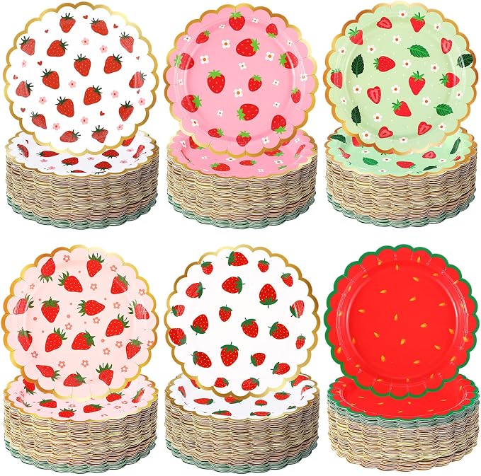 Funnymoom 60 Pcs Strawberry Party Plates Berry First Birthday Disposable Flower by Funnymoom