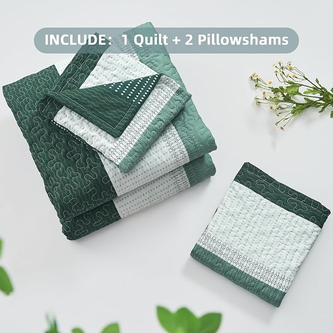 Andency Emerald Green Quilt King, 3 Pieces Patchwork Striped Bedspread Coverlet - Image 7