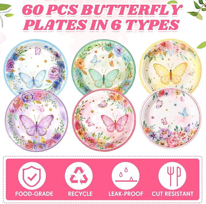Funnymoom 60 Pcs 7 Inch Butterfly Birthday Party Plates Floral Paper Plates - Image 3