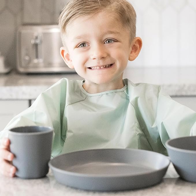 Tiny Twinkle Long Sleeve Bib for Babies & Toddlers – 2 Pack Waterproof Smock Bibs for Eating – Machine Washable & Mess-Proof, Baby Feeding Essential & Shower Must-Have (Sage Charcoal,6–24M)