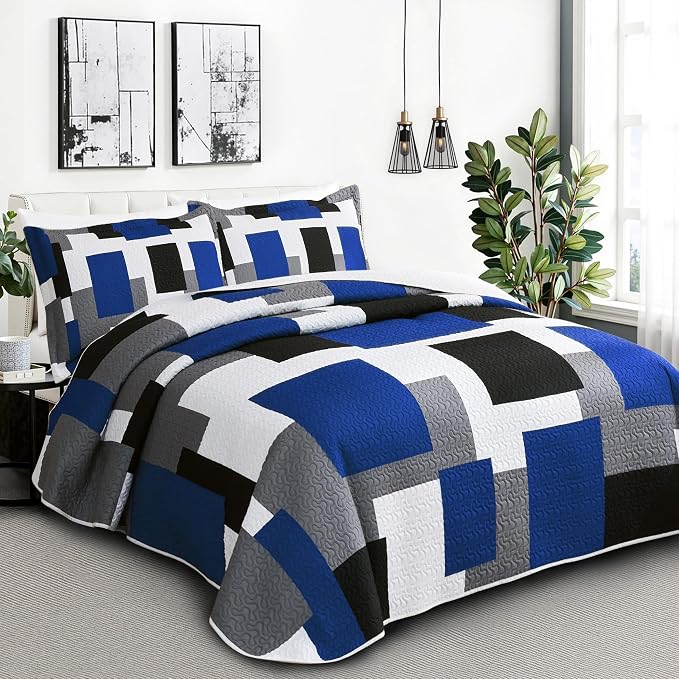 Tyrot 3 Piece Blue White Grey Quilt Set Full/Queen Size Black White Geometric - Image 2