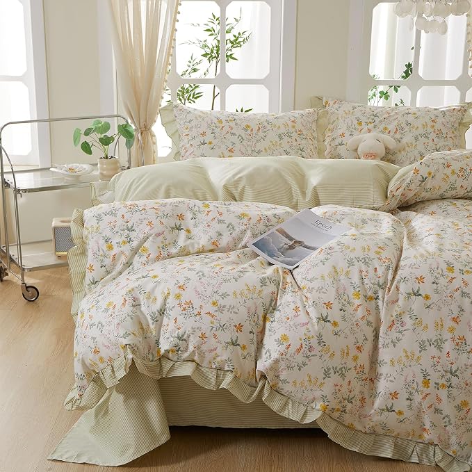 mixinni 100% Cotton Duvet Cover Set King, Reversible Spring Floral Ruffle Green by mixinni