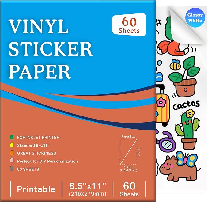 Aevdor 60-Sheet Glossy White Printable Vinyl Sticker Paper, Inkjet | Glossy by Aevdor