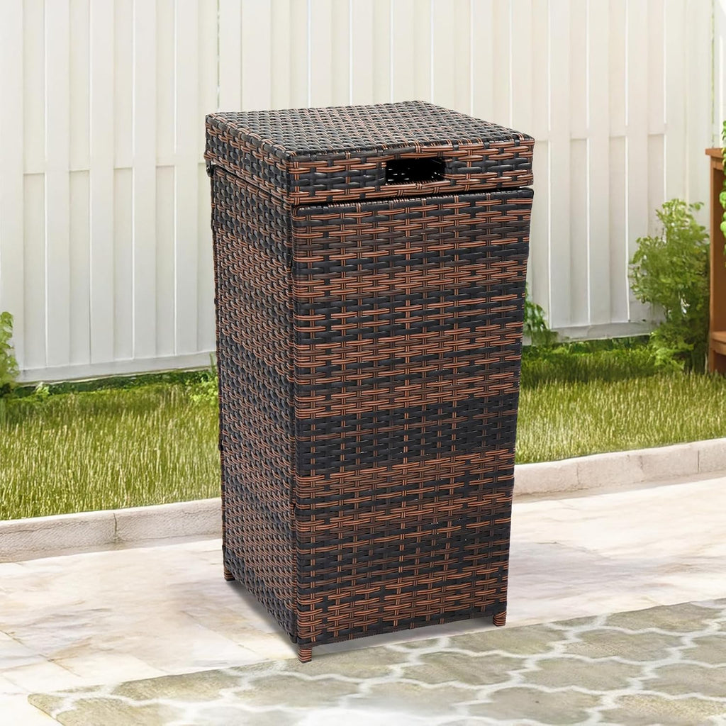 VINGLI Wicker Patio Trash Can, 27 Gallon Rattan Trash Can with Removable Lid, Outdoor Wicker Waste Basket, Wast Container (Brown)