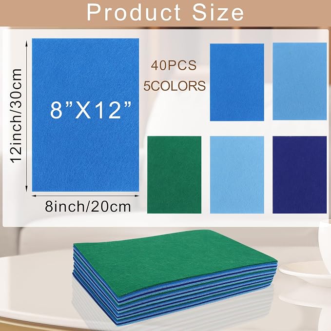 40 Pcs Stiff Felt Fabric Sheet for Crafts, 1mm Thick and 8”x12”Blue Series Felt - Image 2