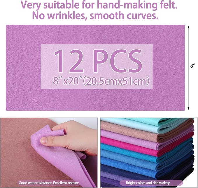 HaoFeiJH 12 Rolls 8"x20" 1.6mm Thick Soft Felt Fabric Sheets – 12 Assorted - Image 2