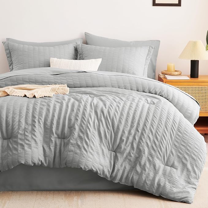 CozyLux Oversized Queen Comforter Set Light Grey Seersucker 7 Pieces 98x98 Bed - Image 9