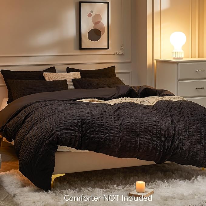 JELLYMONI Black Duvet Cover Full Size, Soft Breathable Seersucker Duvet Cover - Image 3