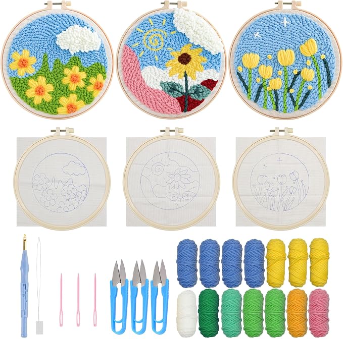 Allazone 3 Set Punch Needle Embroidery Starter Kits, DIY Craft Punch Needle Kits by Allazone