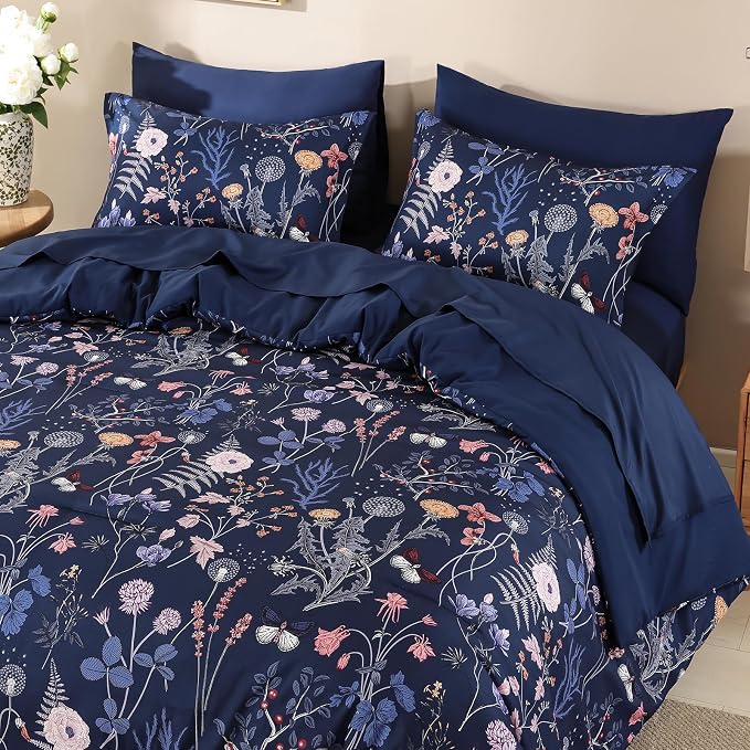 Yiran King Size Comforter Set, 7 Pieces Navy Blue Floral Soft Bedding Sets - Image 5