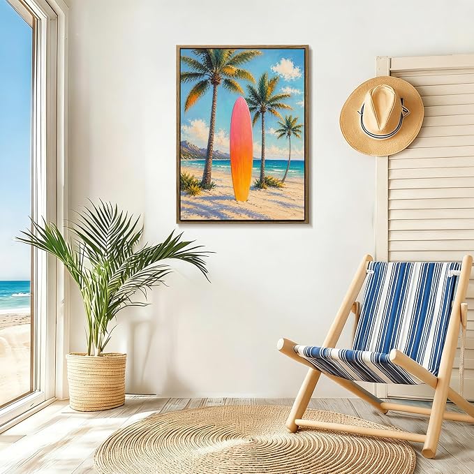 Pastel Gradient Surfboard Palm Tree Canvas Wall Art Print Tropical Summer Beach - Image 3