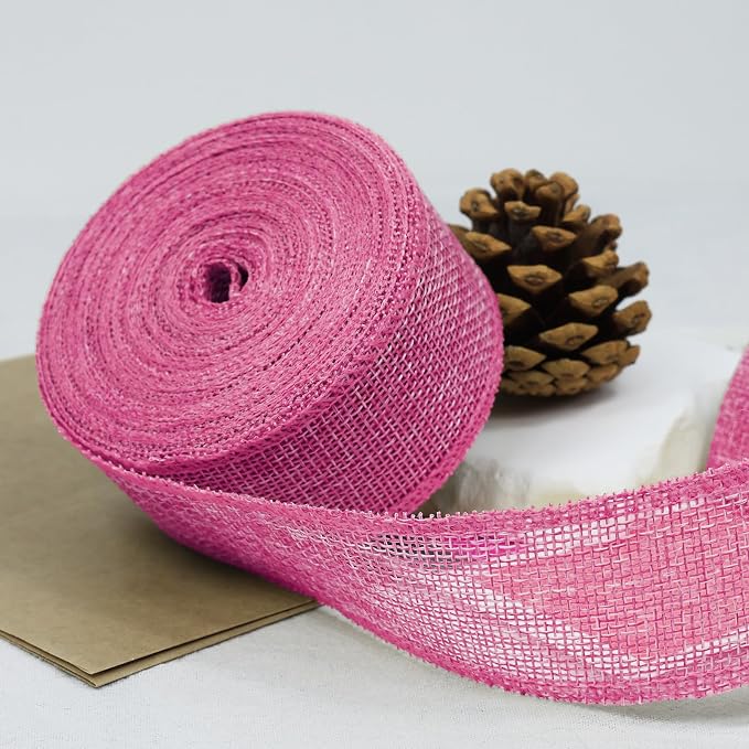 Pink Burlap Ribbon 1-1/2 inch X 10 Yard Pink Linen Wired Ribbon | Natural Linen - Image 3