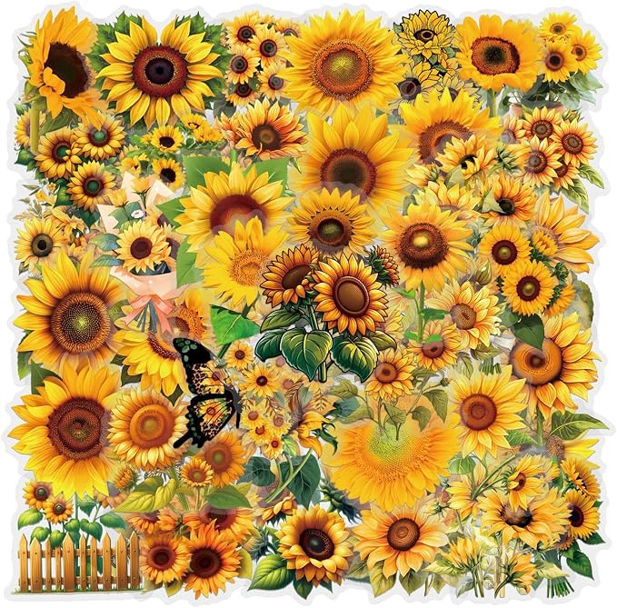 60Pcs Sunflower Stickers, Transparent Sunflower PET Sticker | Colorful by Unknown