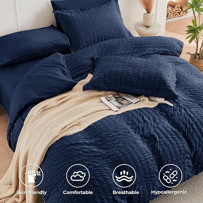 HYMOKEGE Navy Blue King Size Comforter Set Seersucker 7 Pieces, All Season - Image 3