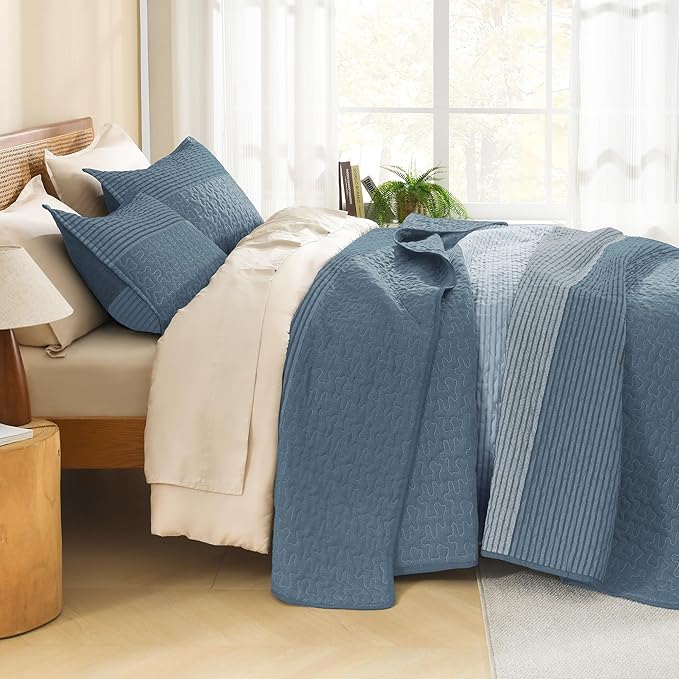 Litanika Quilt Queen Size Blue Linen, Stripe Patchwork Summer Bedspread - Image 2
