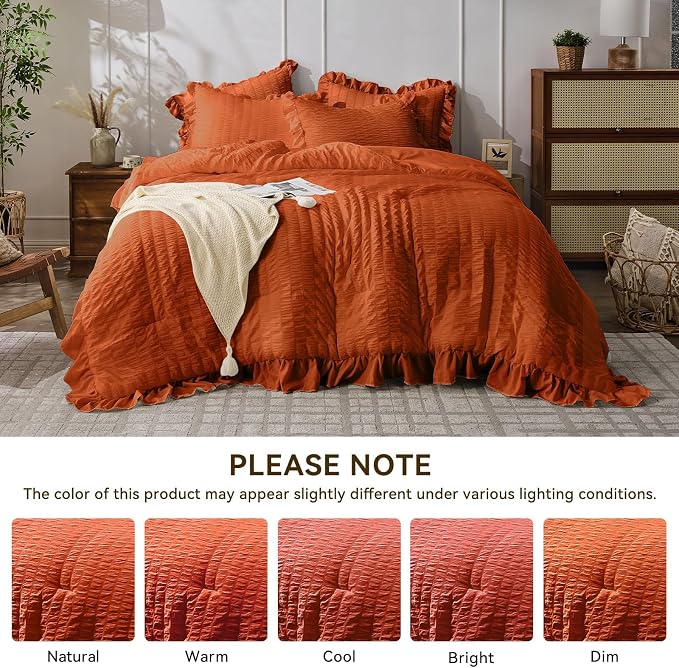 JOLLYVOGUE Burnt Orange Comforter Full Size, 3 Pieces Seersucker Lightweight - Image 9