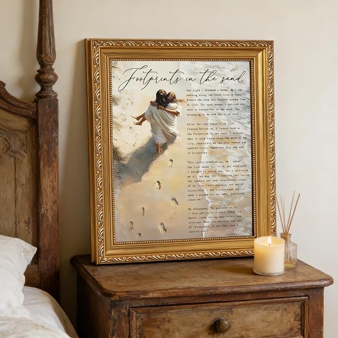 Vintage Gold Framed Jesus Wall Art Footprints in the Sand Christian Canvas - Image 3