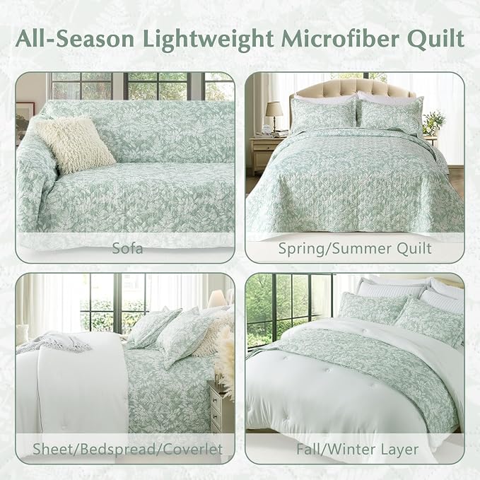 GOONE XL Queen Quilt Set 90x96 Inches, Sage Green Leaf Botanical Boho Bedspread - Image 5