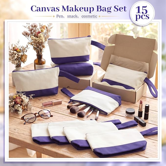 Silkfly 15 Pcs Cotton Canvas Makeup Bags Cosmetic Zipper Bags 10.2 x 5.5 x 2'' - Image 5